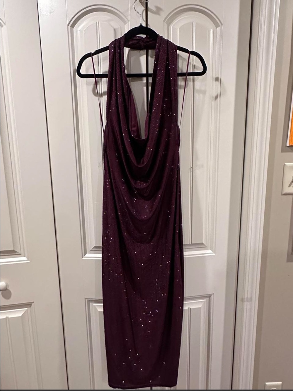 Cowl Neck Burgundy Rhinestone Midi Dress